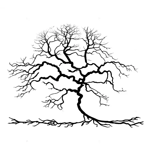 Silhouette Of Old Oak Tree With Extensive And Wide Roots That Look Like A Digital Circuit Board