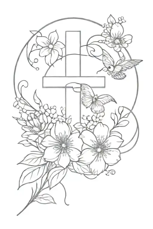 August Birth Flowers Around A Cross With A Jaybird On Top