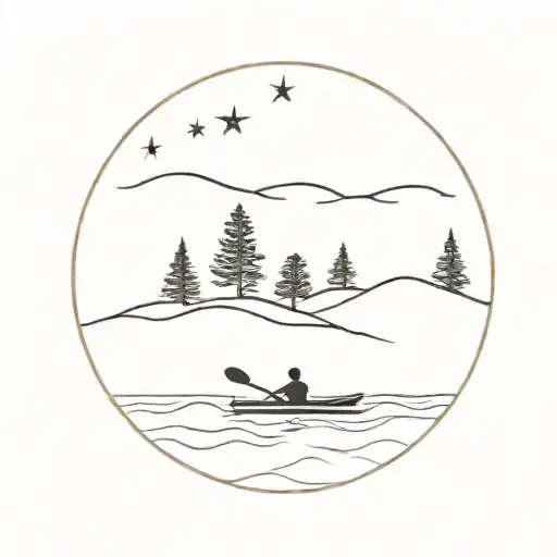 A Minimalist Tattoo Of A Silhouette Of A Person Kayaking Under A Starry Sky With A Pine Tree Horizon