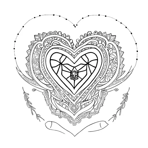 A Blackwork Tattoo Of A Heart-shaped Lavender Bouquet With Taurus Zodiac Symbol