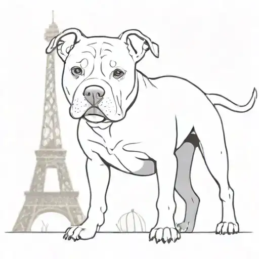 A Minimalist Tattoo Of A White Pitbull With Bi-colored Eyes Standing In Front Of The Eiffel Tower