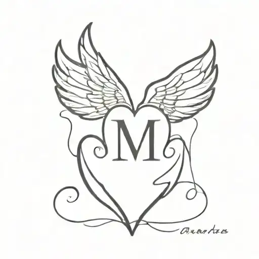 Simple Black And White Angel Wings With Heart And M Letter