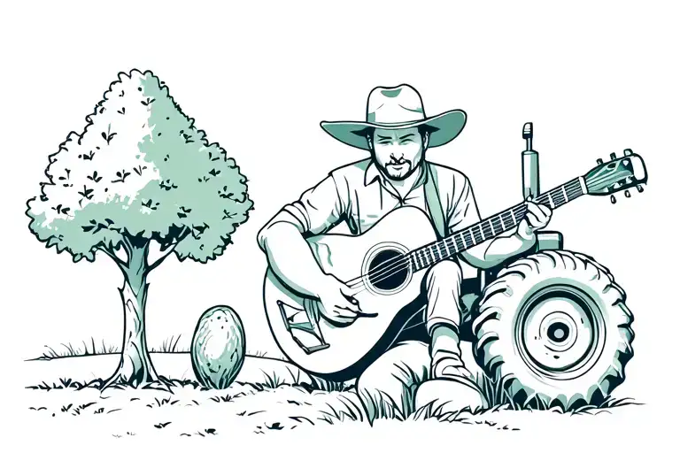 Agricultural Playing His Guitar Near His Tractor With Avocado Tree In His Background