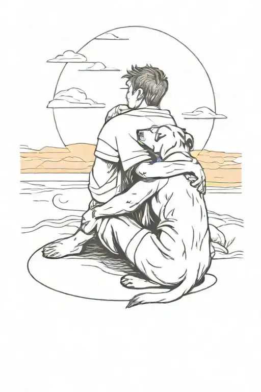 Boy Hug Maltez Dog They Sitting And They Look Ahead And In The Background There Is A Sunset