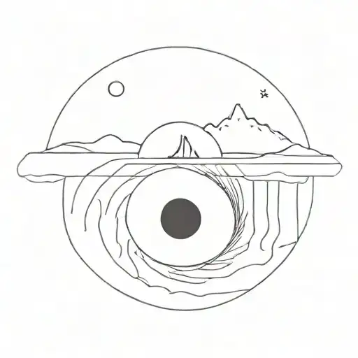 A Minimalist Tattoo Of A Black Hole With A Beach Landscape Inside It