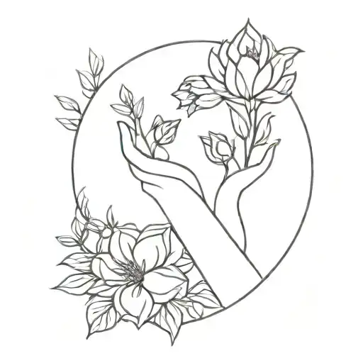 A Minimalist Tattoo Of A Flower Bouquet With A Hidden Silhouette Of A Mother And Child Holding Hands