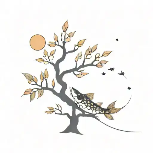 Tree With Yen Yang Koi Fish With Moon