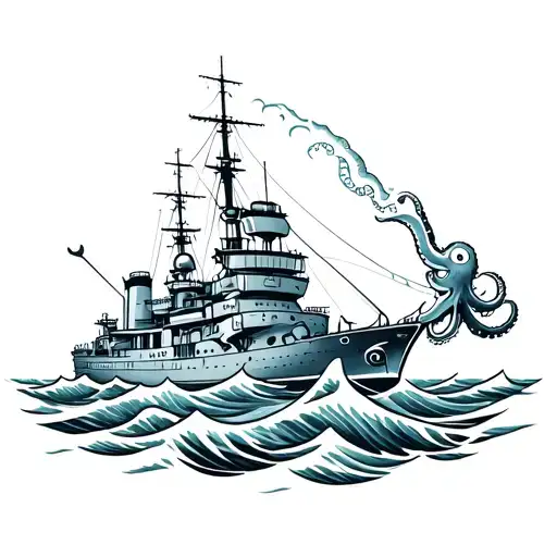Octopus Attacking Old Battleship In Big Waves Crashing