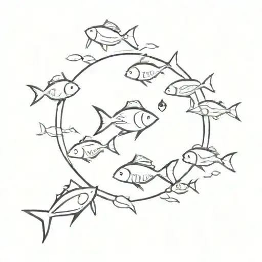 A Minimalist Design Of A School Of Fish Swimming In The Shape Of A Sun
