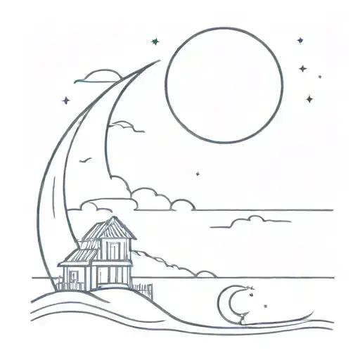 A Beach Scene At Night With A Crescent Moon In The Sky