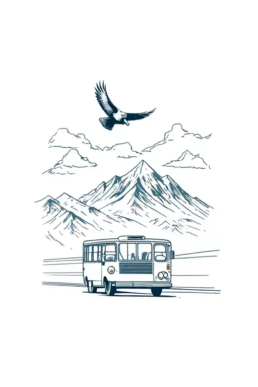 Bus Driving Through The City With Mountains In The Background A Bald Eagle Landing On The Bus