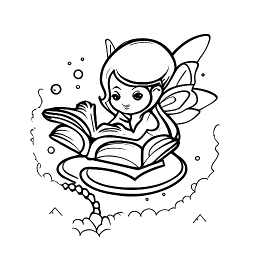 A Minimalist Tattoo Of A Fairy Reading A Book Under The New York Skyline