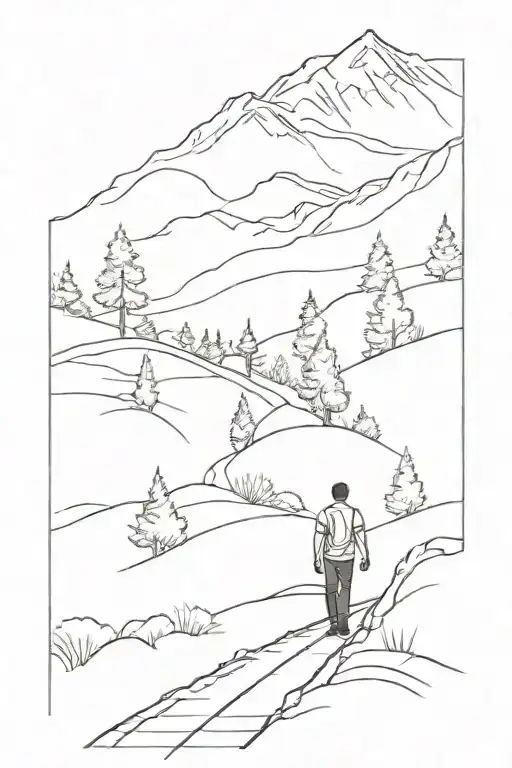 Man Walking Down Road Lined With Trees Towards Mountain