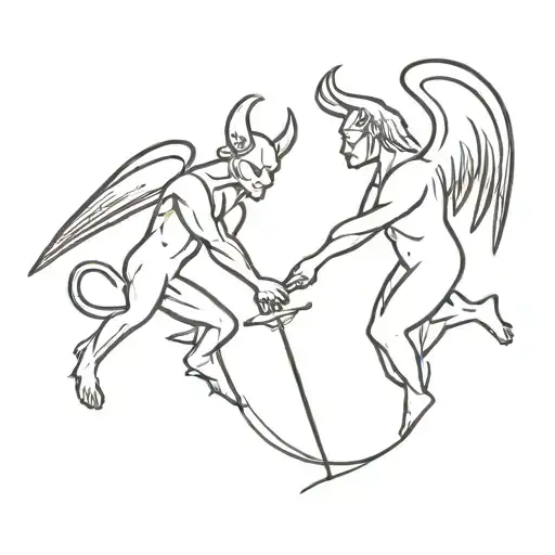 A Tiny Minimalist Design Of A Devil And Angel Facing Off In A Duel