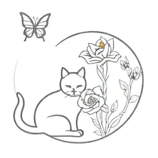 Cat And Flower And Butterfly