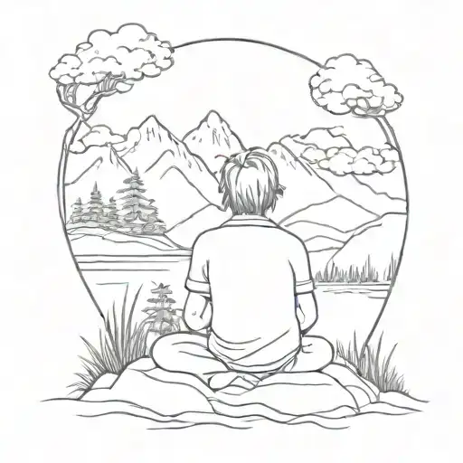 Design A Peaceful Mountain Landscape With A Studio Ghibli Inspired Character Meditating At The Peak