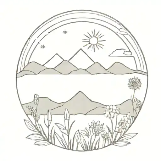 A Minimalist Tattoo Design Of A Field Of Flowers With Mountains And The Sun In The Sky
