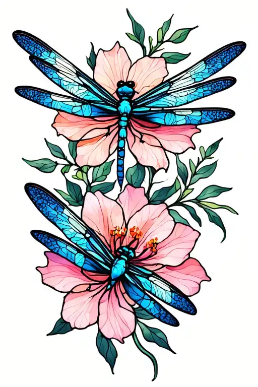 Dragonflies With Stained Glass Wings Intertwined With Belladonna And Oleander Flowers