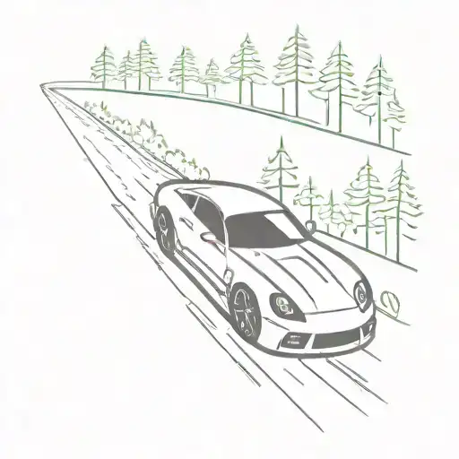A Minimalist Tattoo Design Of A Sleek Sports Car Driving Through A Forest