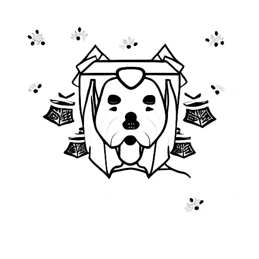 A Minimalist Tattoo Of A Dog In A Ghost Costume Holding A Christmas Tree