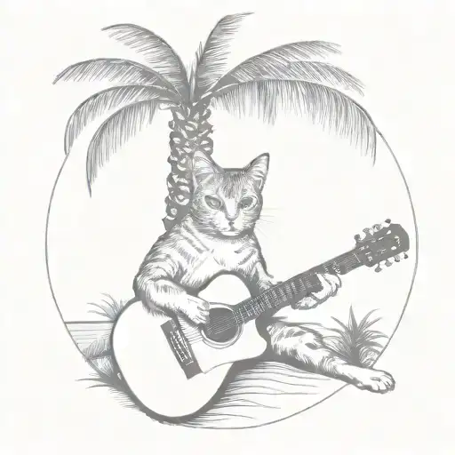A Realistic Portrait Of A Cat Playing A Guitar Under A Palm Tree On A Tropical Beach