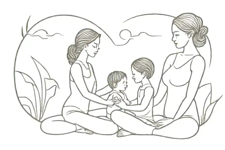 A Minimalist Design Of A Mother And Child Practicing Yoga In A Serene Nature Setting