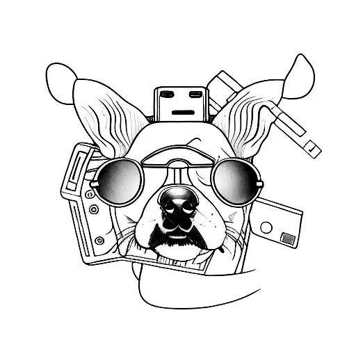 A Minimalist Tattoo Of A Stylized Dog Wearing Sunglasses And Listening To An 80S Cassette Tape
