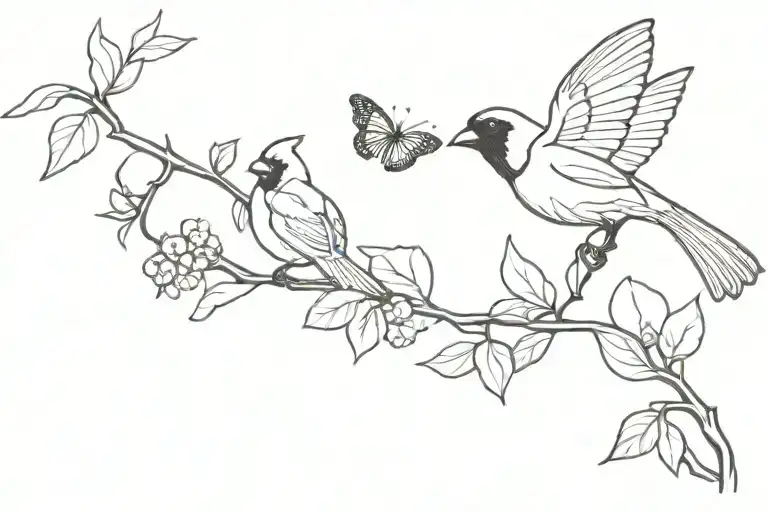 Bugambilia Branch With A Cardinal And Monarch Butterfly Sitting On It