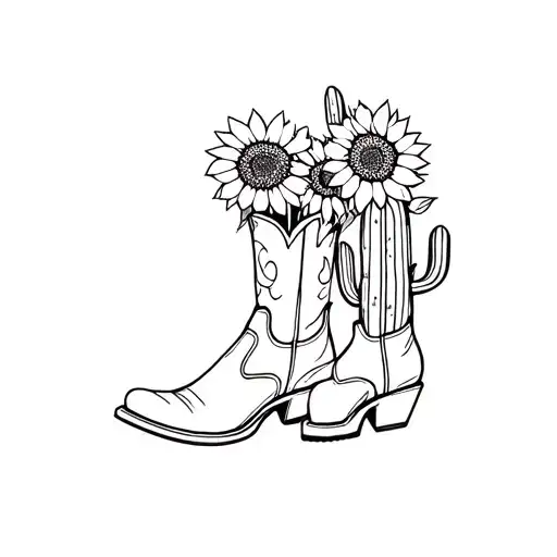 Cowboy Boots With Sunflowers Inside Next To A Cactus
