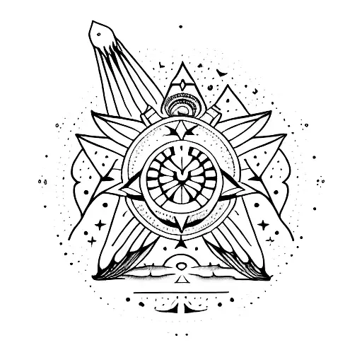 A Dotwork Tattoo Of A Celestial Scene With Egyptian Symbols And Constellations