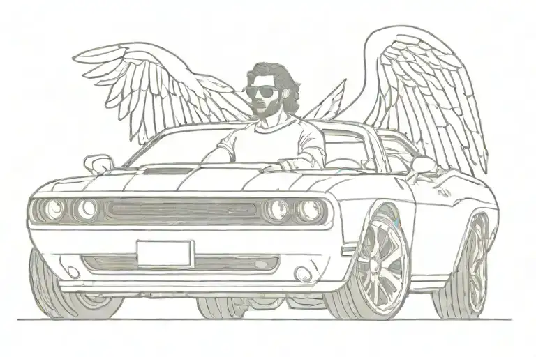 Me Sitting Behind The Wheel Of A Dodge Challenger With Angel Wings Behind The Car