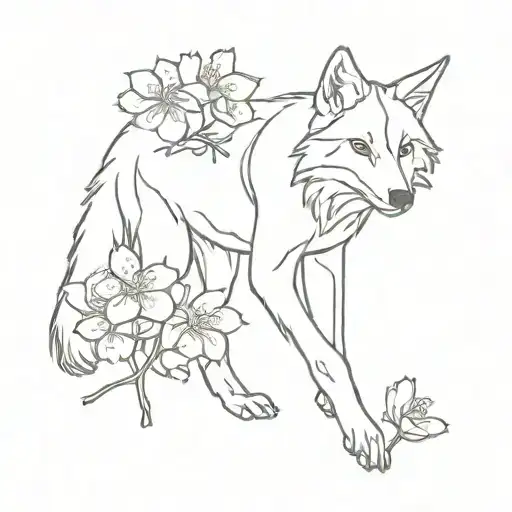 Red Wolf With Japenese Cherry Blossoms