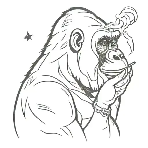 A Minimalist Tattoo Of A Gorilla Smoking A Joint In Outer Space