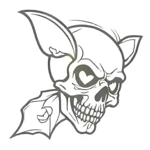 Skull With Heart Shaped Eyes And Bats Over Head
