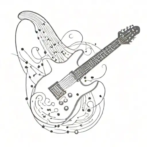 A Minimalist Tattoo Of An Electric Guitar With Coding Symbols As The Strings