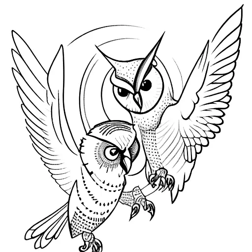 A Sketch Tattoo Of A Fighting Scene Between An Owl And A Hummingbird