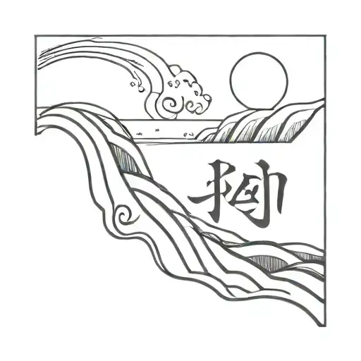 A Wave Surrounded By The Sun With Chinese Characters
