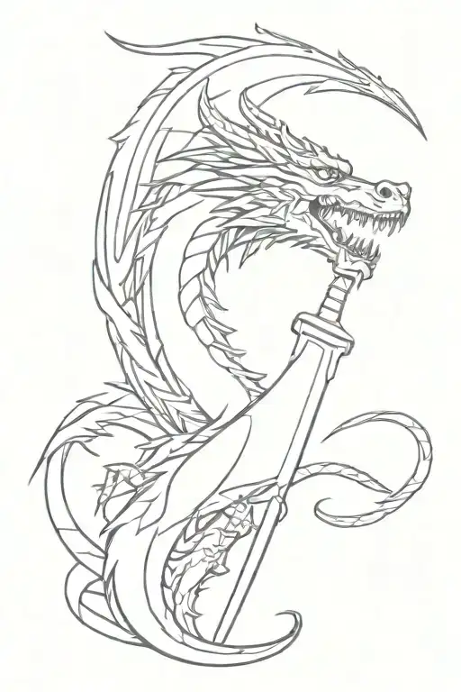 A Sleek Minimalist Dragon Breathing Fire Onto A Sword