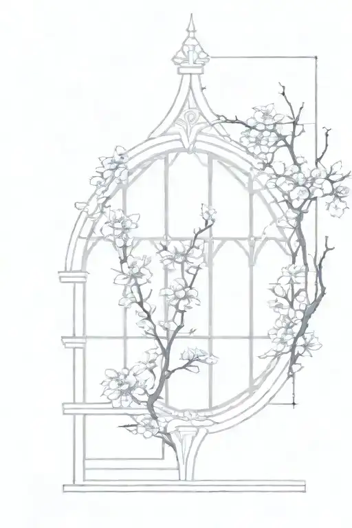 Neo Gothic Windows And Cherry Blossoms On The Background Of The Windows
