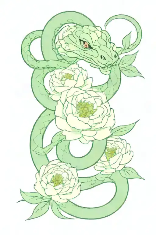 Snake With Green Eyes Wrapped Around Peonies Blooming