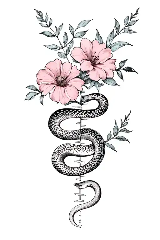 Flowers With Snake On Spine Tatto