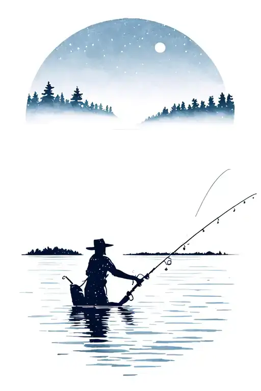 Small Silhouette Of Person Fishing On Lake With Clear Night Sky Above