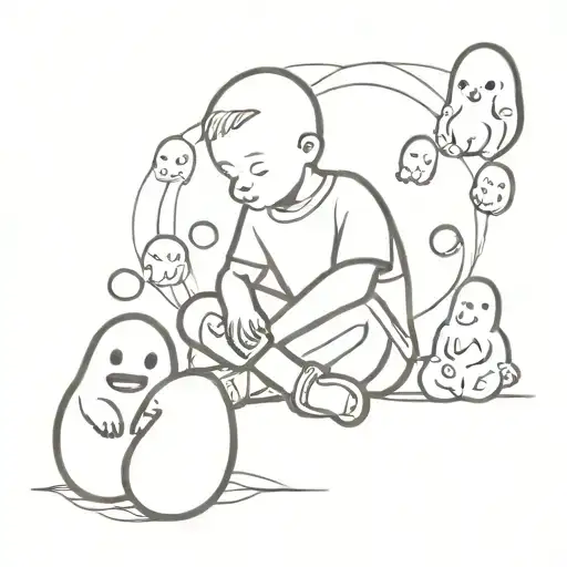 Little Boy With Egg Head Sitting Down With Ghosts Surrounding Him