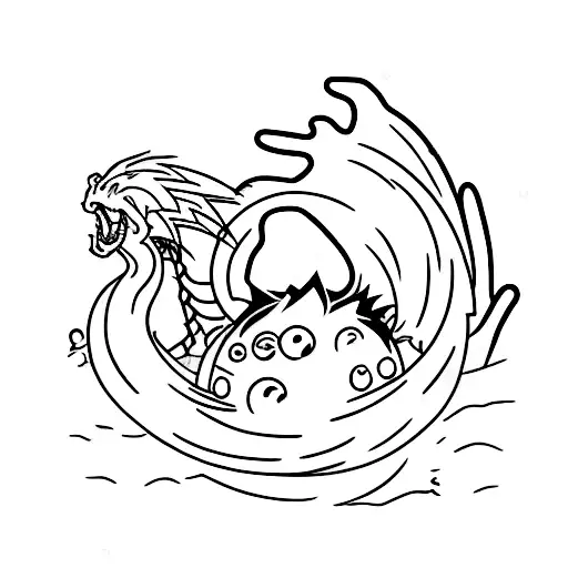 A Silhouette Of Son Goku Swimming In A Pool With Dragon Balls Floating Around Him
