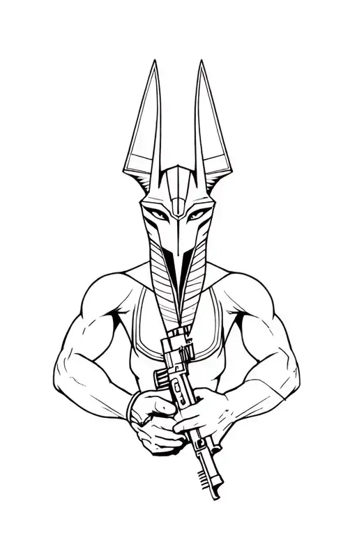 Anubis Color Tattoo With A Kalashnikov Automaton In His Hands