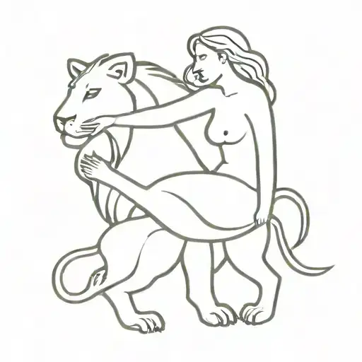 Woman And Lion Jumping