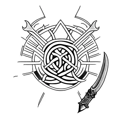 A Minimalist Tattoo Of Loki's Dagger With The Words 'God Of Mischief'