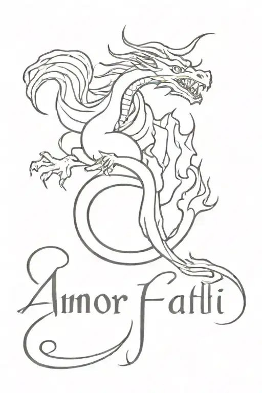 In Black And White Style Small Dragon With Flame And Text Amor Fati