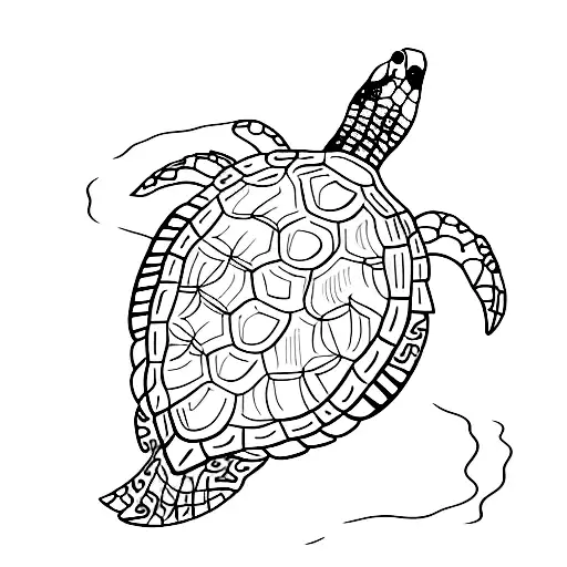 An Intricate Blackwork Design Of A Sea Turtle Swimming Through Crashing Waves