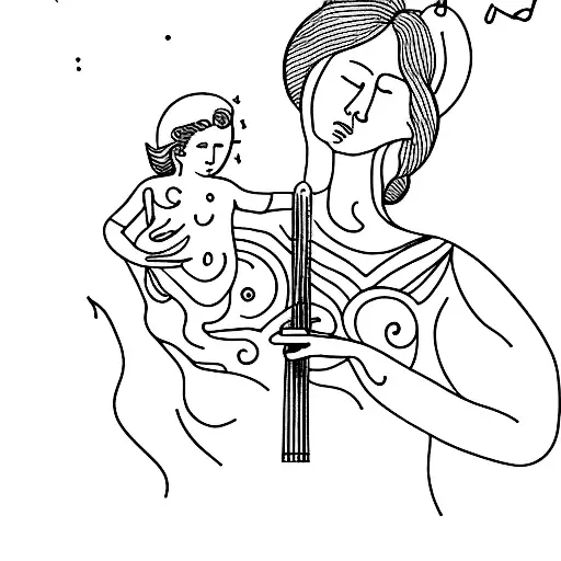 A Minimalist Tattoo Of A Mother Playing A Musical Instrument Surrounded By Angelic Figures